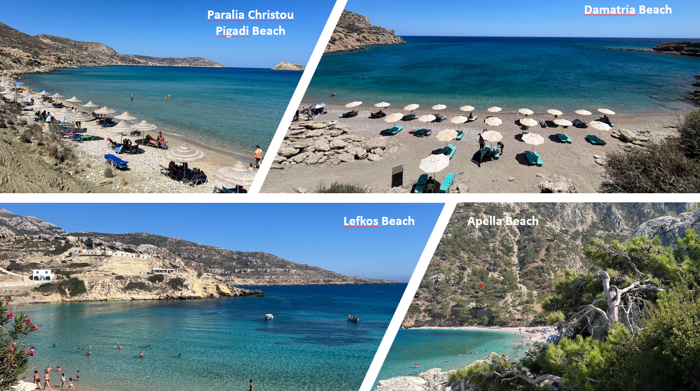 Lefkos Beach: A stunning, quiet spot with very few tourists, it is also a nice small town to stay for a few days

Paralia Christou Pigadi: A lesser-known gem.

Damatria Beach: Great for relaxing and swimming.

Apella Beach: One of the most beautiful beaches, crystal clear water and dramatic cliffs. A must-see!